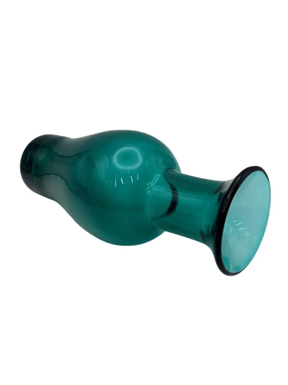 Vintage Emerald Teal Art Glass Vase Hand Blown Mid Century Modern 9”